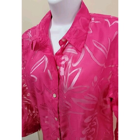 Chico’s Size 1 (M/8) Pink Button Front Sheer Blouse LS Floral Burnout Shirt - Picture 4 of 11